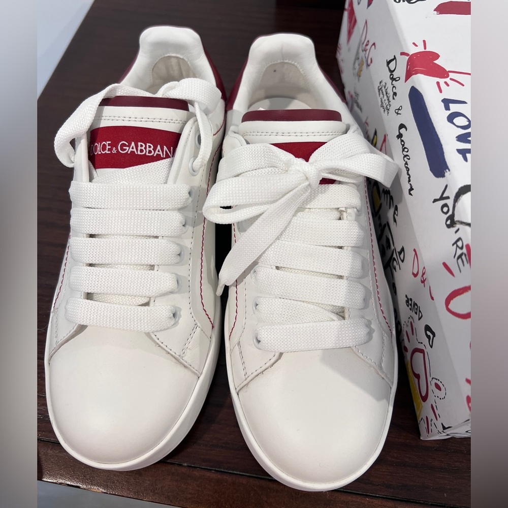 Dolce & Gabbana Red and White Leather Sneakers